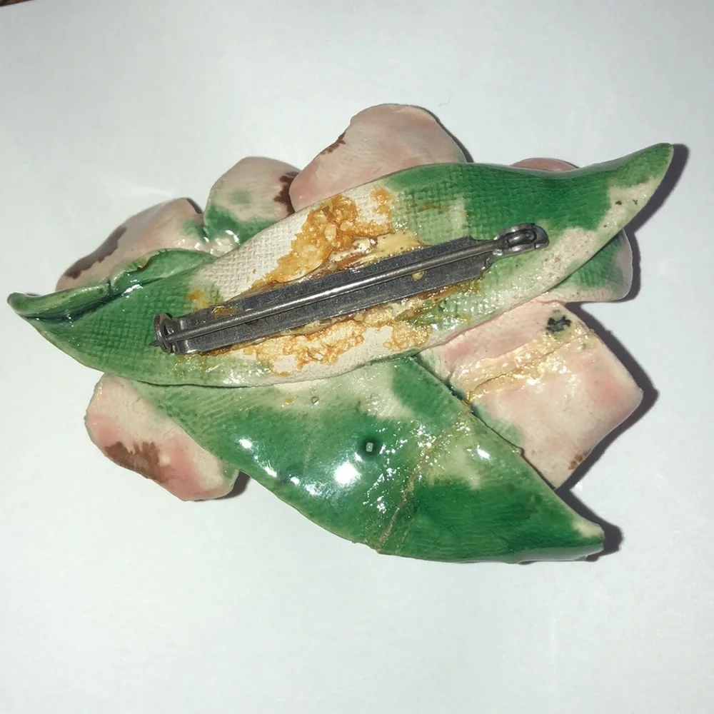 Vintage Pink Floral Ceramic Brooch